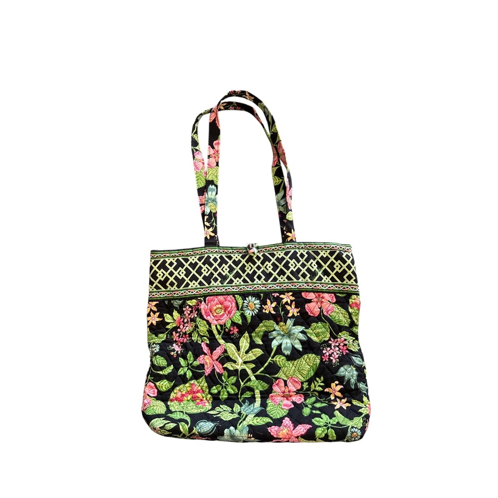 Vera Bradley Botanica Quilted Cotton Floral Tote Bag Black Green Tropical